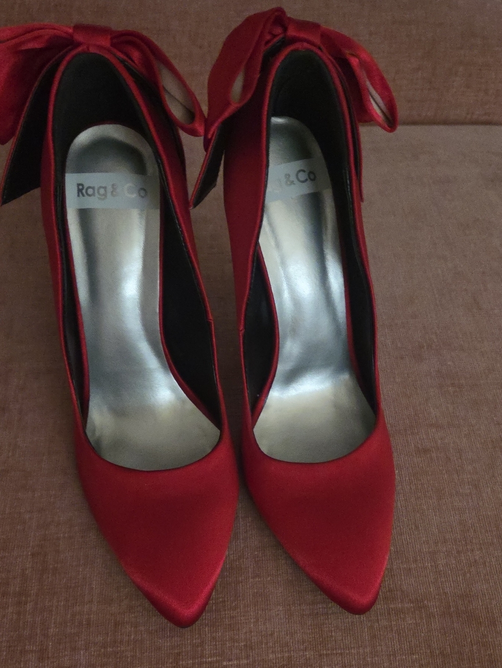 Rag & Co Red Satin Pointed Bow High Heels